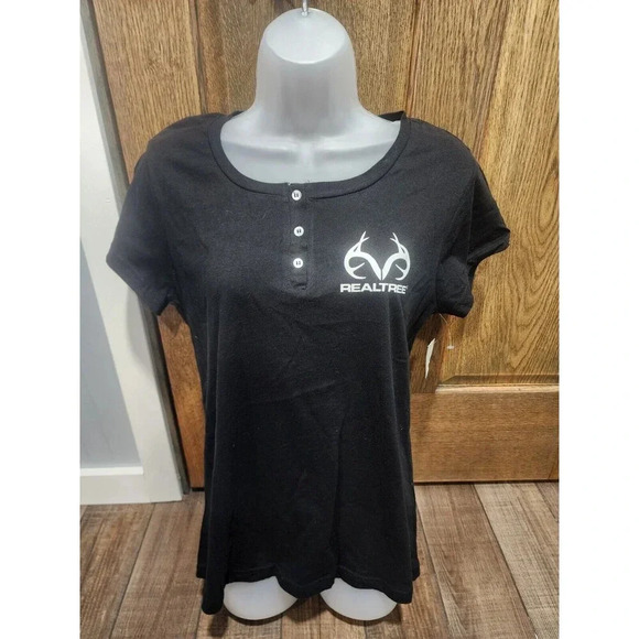 RealTree T-Shirt Women’s Medium Black  LOGO Rounded Neck 3-Button Closure NWT - Picture 1 of 6